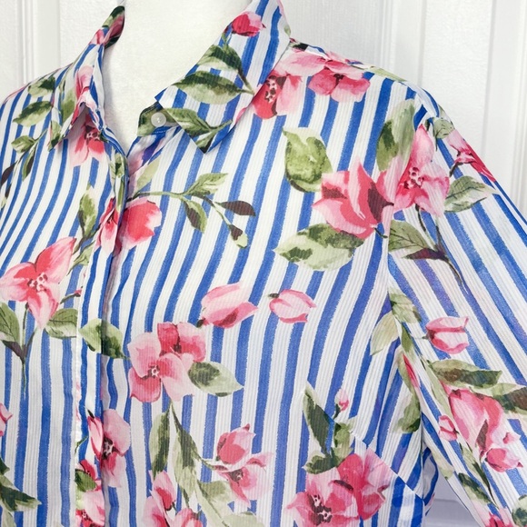 Talbots Sheer Floral Blue Stripe Print Long Sleeve Button Down Shirt XL - Picture 8 of 16